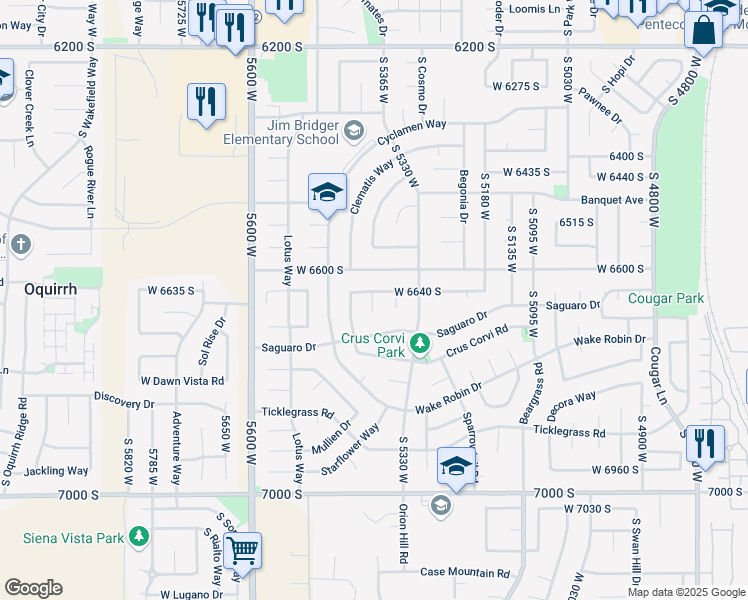 map of restaurants, bars, coffee shops, grocery stores, and more near 5413 West 6640 South in West Jordan