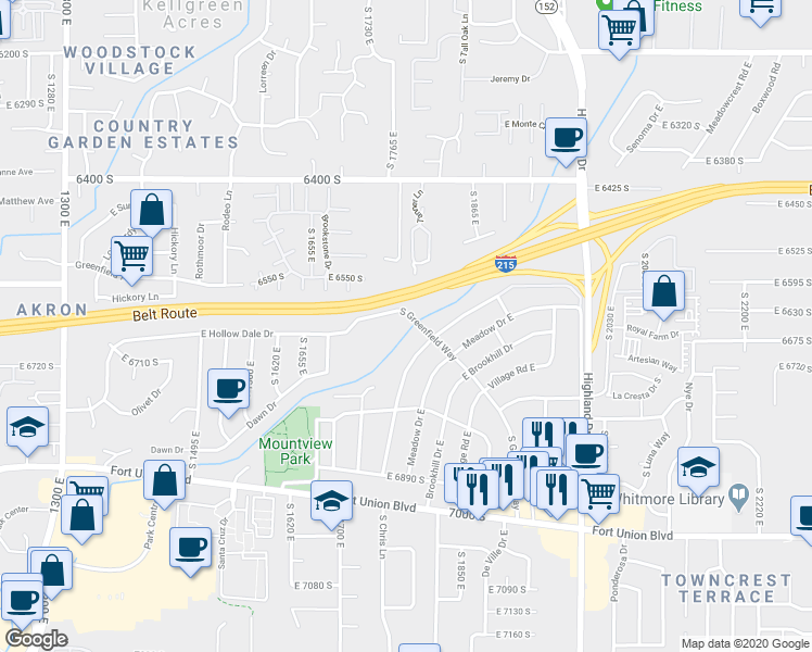 map of restaurants, bars, coffee shops, grocery stores, and more near 6642 South Greenfield Way in Cottonwood Heights