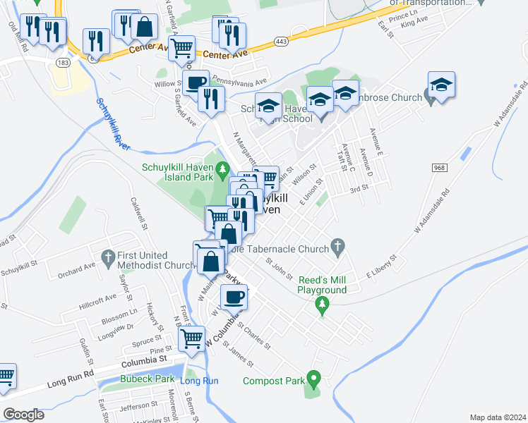 map of restaurants, bars, coffee shops, grocery stores, and more near 118 East Main Street in Schuylkill Haven
