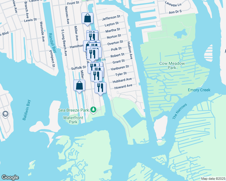 map of restaurants, bars, coffee shops, grocery stores, and more near 871 Guy Lombardo Avenue in Freeport