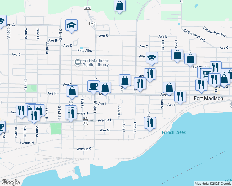 map of restaurants, bars, coffee shops, grocery stores, and more near 1615 Avenue H in Fort Madison