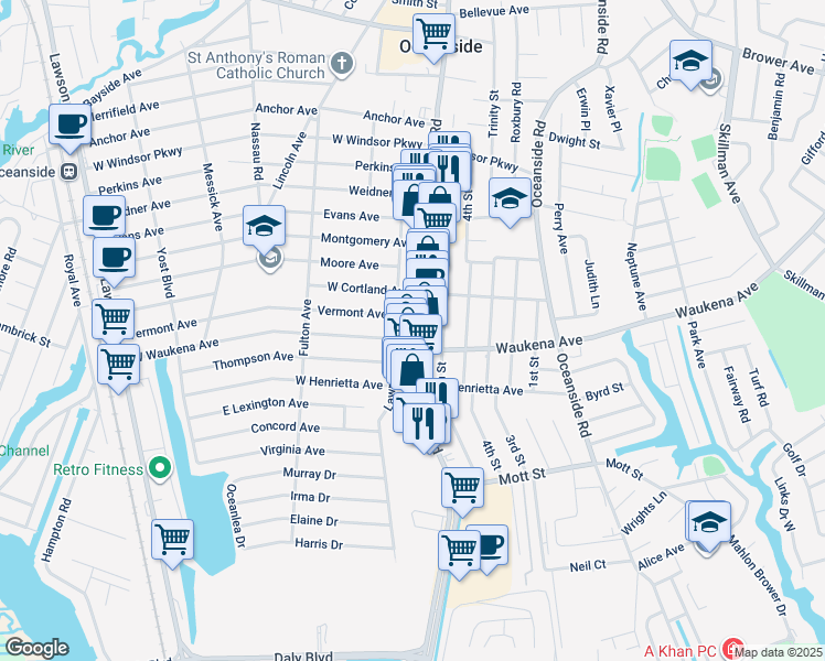 map of restaurants, bars, coffee shops, grocery stores, and more near 3312 Long Beach Road in Oceanside