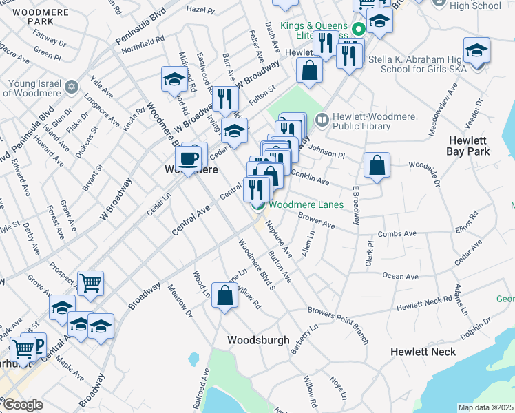 map of restaurants, bars, coffee shops, grocery stores, and more near 964 Broadway in Woodmere
