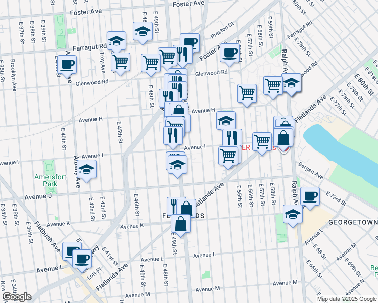 map of restaurants, bars, coffee shops, grocery stores, and more near 5028 Avenue I in Brooklyn