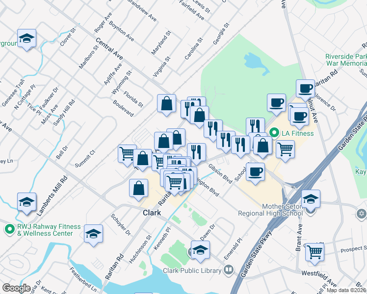 map of restaurants, bars, coffee shops, grocery stores, and more near 1 Myra Place in Clark