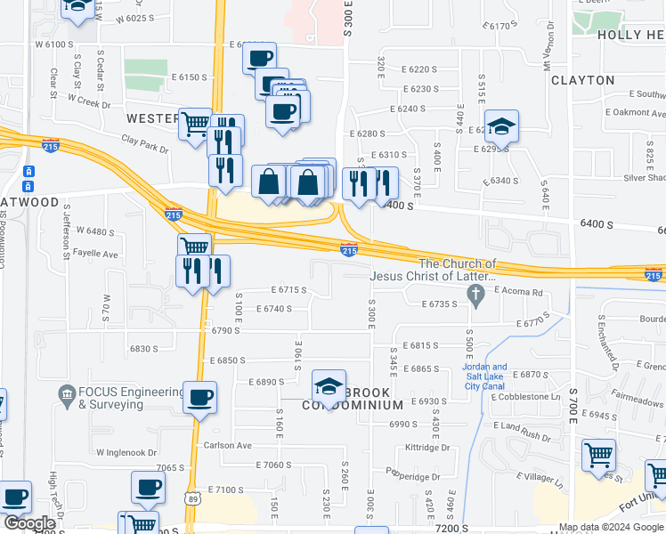 map of restaurants, bars, coffee shops, grocery stores, and more near 6480 Vantana Court in Midvale