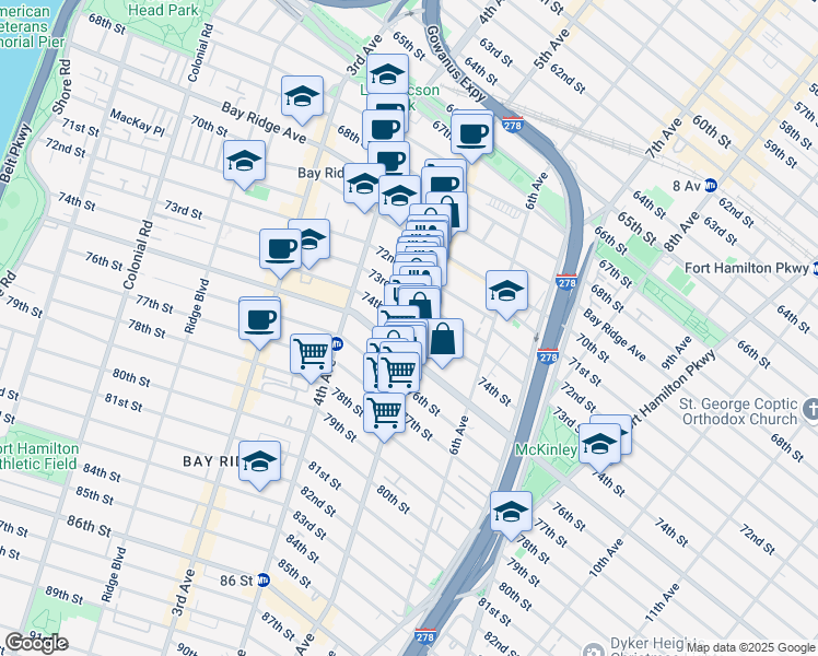 map of restaurants, bars, coffee shops, grocery stores, and more near 7402 5th Avenue in Brooklyn