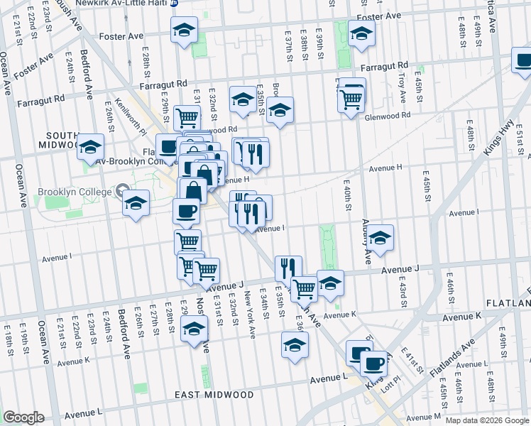 map of restaurants, bars, coffee shops, grocery stores, and more near 989 East 35th Street in Brooklyn