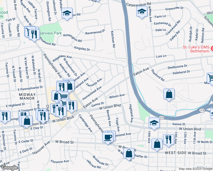 map of restaurants, bars, coffee shops, grocery stores, and more near 1869 Homestead Avenue in Bethlehem