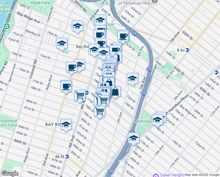 map of restaurants, bars, coffee shops, grocery stores, and more near 7402 5th Avenue in Brooklyn