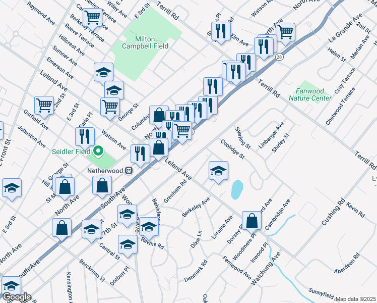 map of restaurants, bars, coffee shops, grocery stores, and more near 1228 Pacific Street in Plainfield