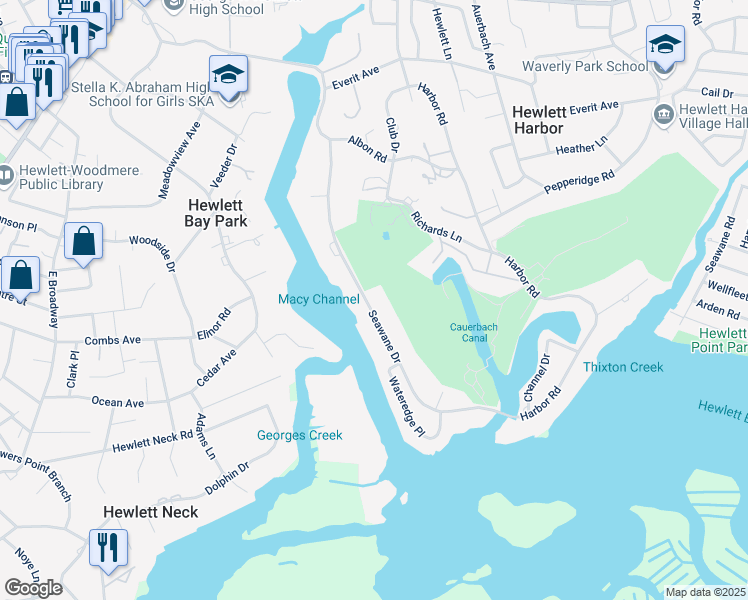 map of restaurants, bars, coffee shops, grocery stores, and more near 1100 Seawane Drive in Hewlett