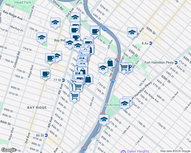 map of restaurants, bars, coffee shops, grocery stores, and more near 553 73rd Street in Brooklyn