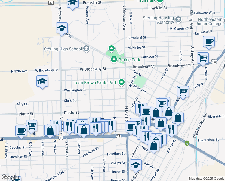 map of restaurants, bars, coffee shops, grocery stores, and more near 437 North 2nd Avenue in Sterling