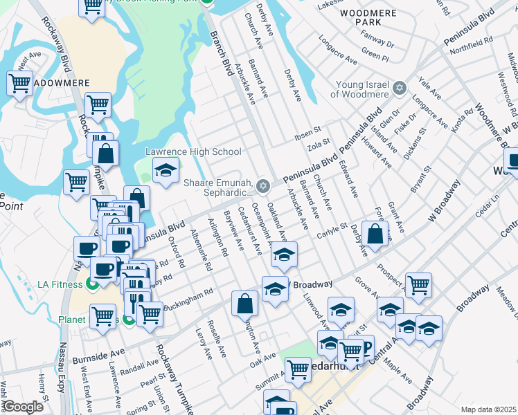 map of restaurants, bars, coffee shops, grocery stores, and more near 530 Oceanpoint Avenue in Cedarhurst