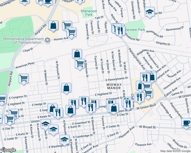 map of restaurants, bars, coffee shops, grocery stores, and more near 1936 East Woodlawn Street in Allentown