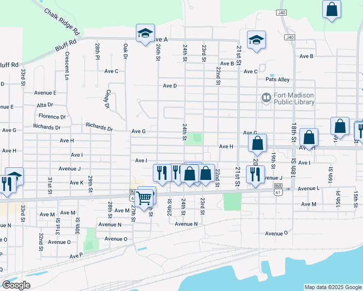 map of restaurants, bars, coffee shops, grocery stores, and more near 2423 Ave H in Fort Madison