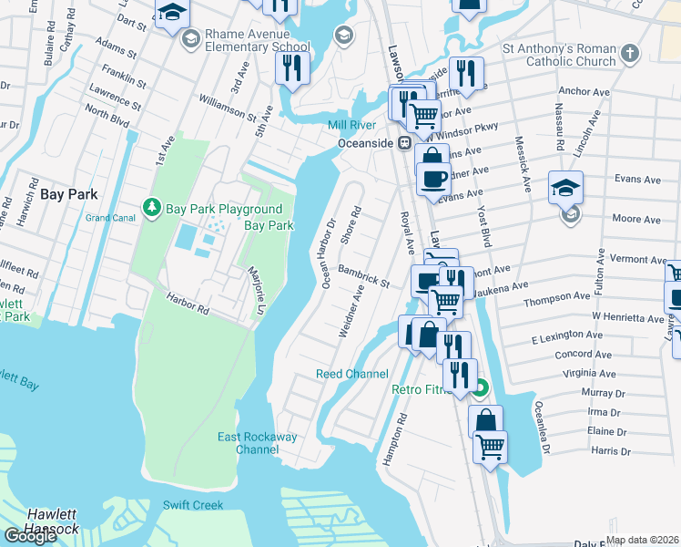 map of restaurants, bars, coffee shops, grocery stores, and more near 429 Bambrick Street in Oceanside