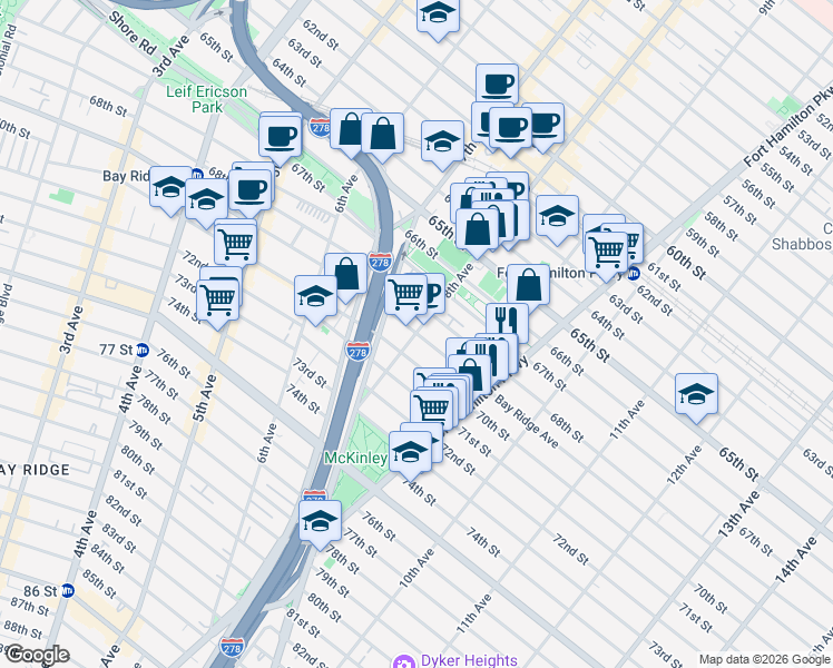 map of restaurants, bars, coffee shops, grocery stores, and more near 8th Ave & Bay Ridge Ave in Brooklyn