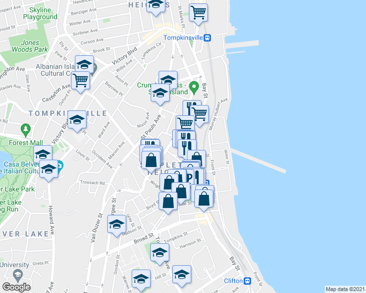 map of restaurants, bars, coffee shops, grocery stores, and more near 480 Bay Street in Staten Island