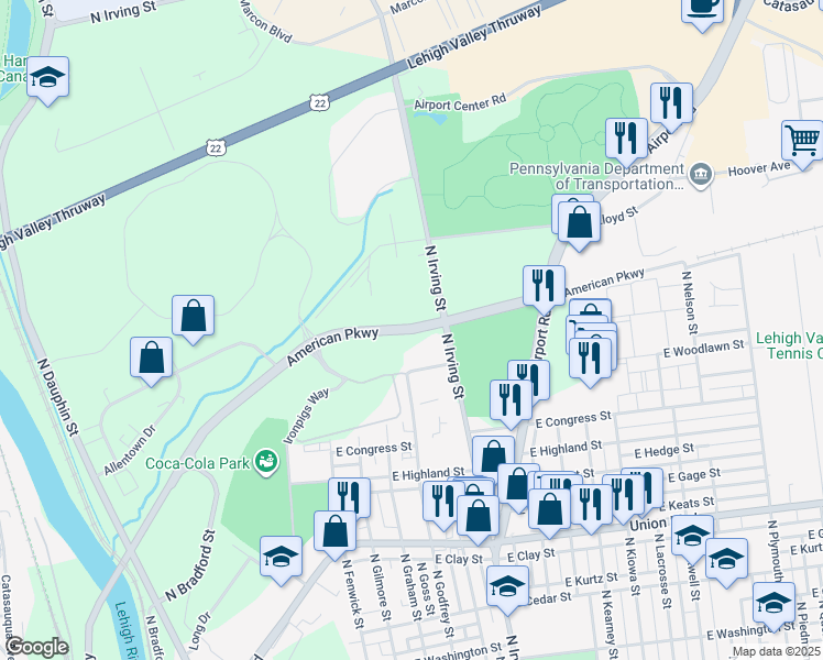 map of restaurants, bars, coffee shops, grocery stores, and more near American Parkway in Allentown