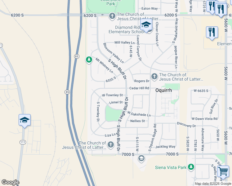 map of restaurants, bars, coffee shops, grocery stores, and more near 6240 West Townley Street in West Jordan