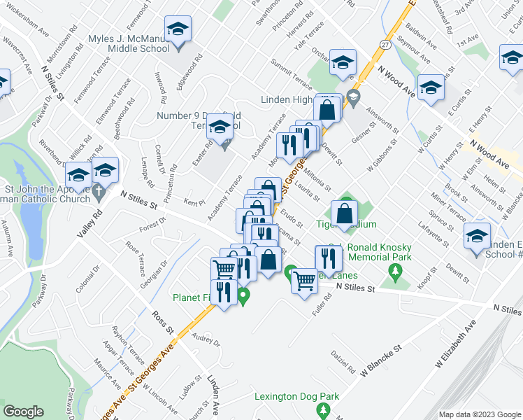 map of restaurants, bars, coffee shops, grocery stores, and more near 1015B Hollywood Road in Linden