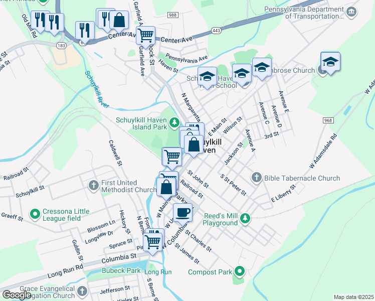 map of restaurants, bars, coffee shops, grocery stores, and more near 31 River Street in Schuylkill Haven