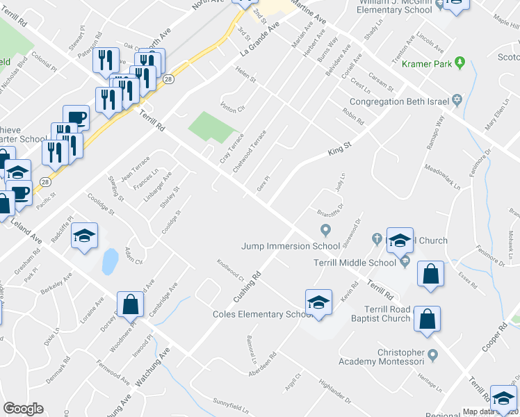map of restaurants, bars, coffee shops, grocery stores, and more near 918 Terrill Road in Plainfield