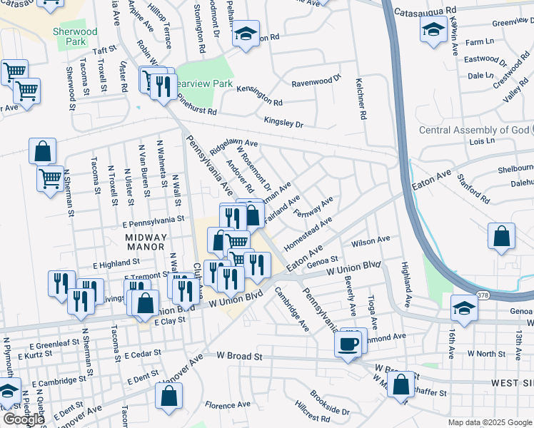map of restaurants, bars, coffee shops, grocery stores, and more near 2110 Fairland Avenue in Bethlehem