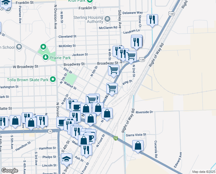 map of restaurants, bars, coffee shops, grocery stores, and more near 605 North 3rd Street in Sterling