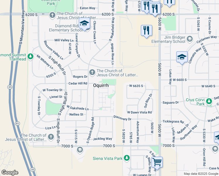 map of restaurants, bars, coffee shops, grocery stores, and more near 6637 Taunton Lane in West Jordan