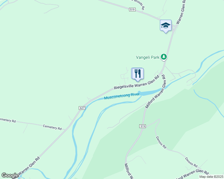 map of restaurants, bars, coffee shops, grocery stores, and more near 604 Riegelsville Warren Glen Road in Bloomsbury