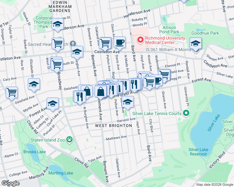 map of restaurants, bars, coffee shops, grocery stores, and more near 487 Pelton Avenue in Staten Island