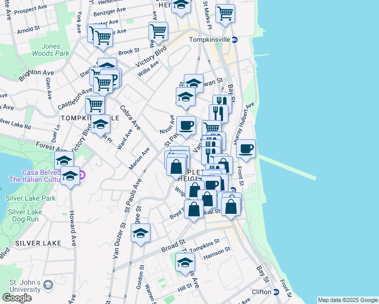 map of restaurants, bars, coffee shops, grocery stores, and more near 320 Van Duzer Street in Staten Island
