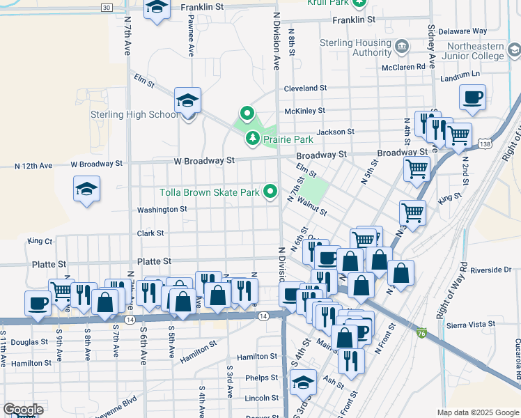 map of restaurants, bars, coffee shops, grocery stores, and more near 437 North 2nd Avenue in Sterling