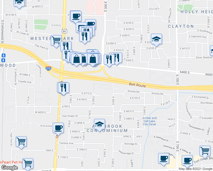 map of restaurants, bars, coffee shops, grocery stores, and more near Vantana Court in Midvale