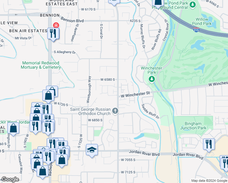 map of restaurants, bars, coffee shops, grocery stores, and more near 1327 West Wallsburg Drive in Taylorsville