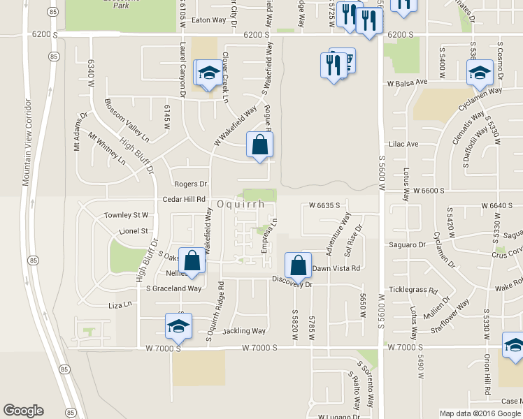 map of restaurants, bars, coffee shops, grocery stores, and more near 6637 Taunton Lane in West Jordan