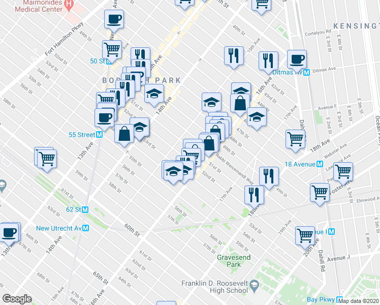 map of restaurants, bars, coffee shops, grocery stores, and more near 1553 51st Street in Brooklyn