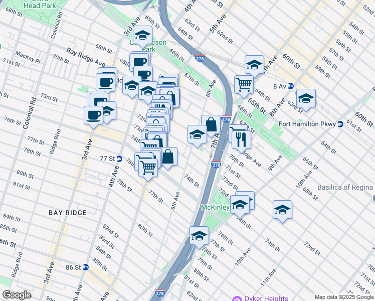 map of restaurants, bars, coffee shops, grocery stores, and more near 619 72nd Street in Brooklyn