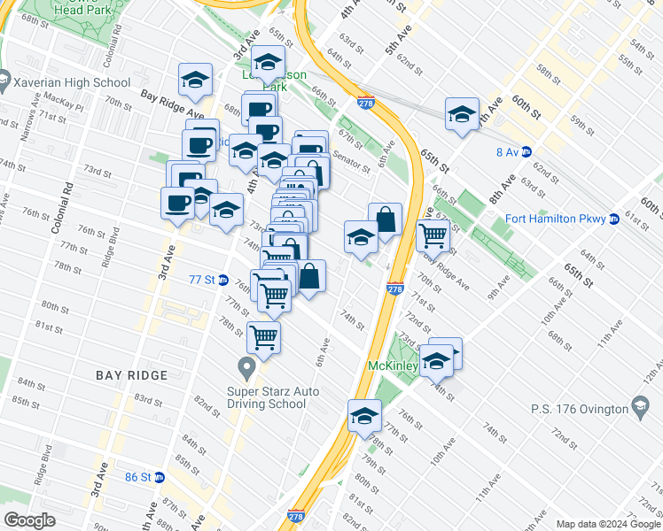 map of restaurants, bars, coffee shops, grocery stores, and more near 553 73rd Street in Brooklyn