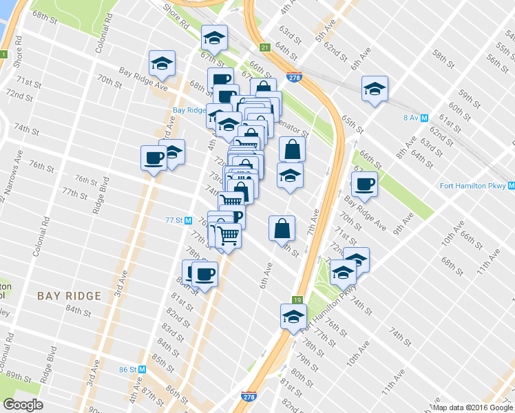 map of restaurants, bars, coffee shops, grocery stores, and more near 553 73rd Street in Brooklyn