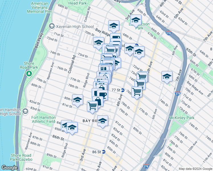 map of restaurants, bars, coffee shops, grocery stores, and more near 7605 3rd Avenue in Brooklyn