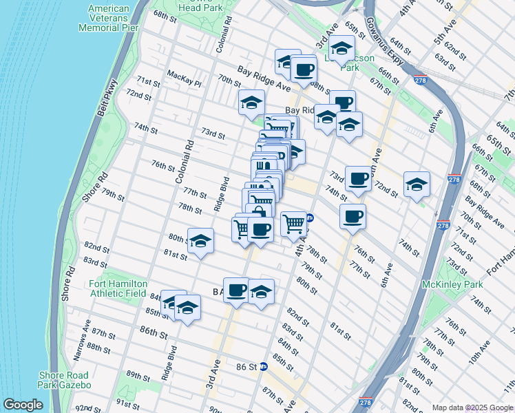 map of restaurants, bars, coffee shops, grocery stores, and more near 7605 3rd Avenue in Brooklyn