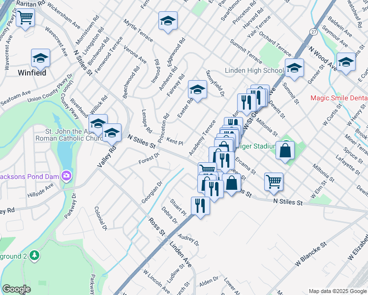 map of restaurants, bars, coffee shops, grocery stores, and more near 1301 Kent Place in Linden