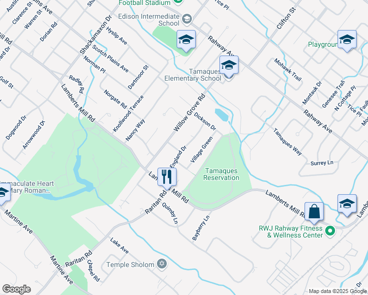 map of restaurants, bars, coffee shops, grocery stores, and more near 857 New England Drive in Westfield