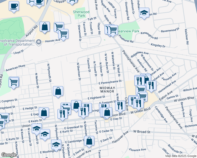 map of restaurants, bars, coffee shops, grocery stores, and more near 1225 Troxell Street in Allentown