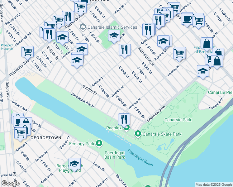 map of restaurants, bars, coffee shops, grocery stores, and more near 1301 East 83rd Street in Brooklyn