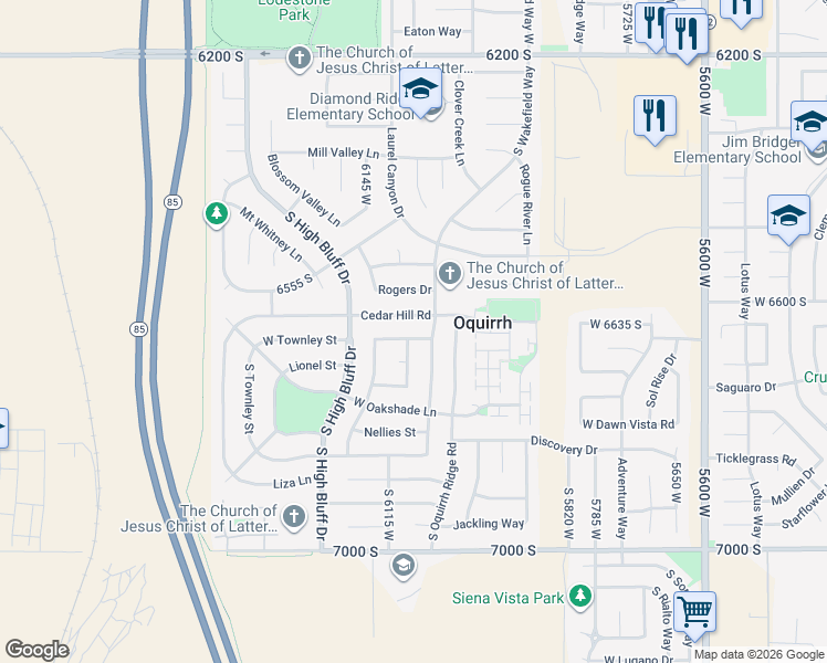 map of restaurants, bars, coffee shops, grocery stores, and more near 6072 Duchess Street in West Jordan